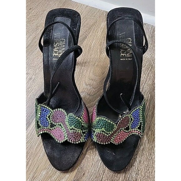Vintage Gianni Versace Suede Rhinestone Open Toe Sandal Heels - NEED TLC Repair